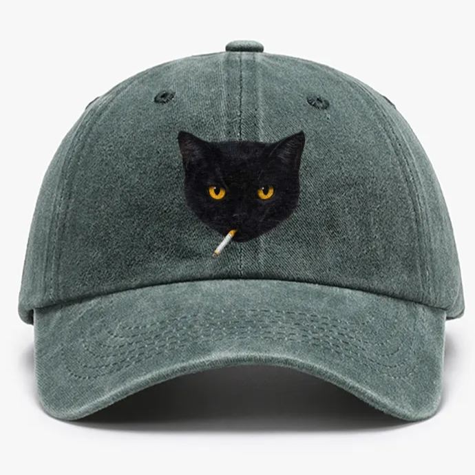 Smoking Black Cat Retro Washed Baseball Cap