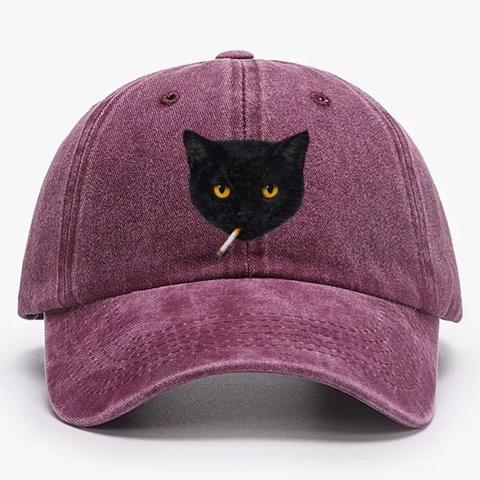 Smoking Black Cat Retro Washed Baseball Cap