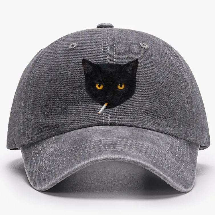 Smoking Black Cat Retro Washed Baseball Cap
