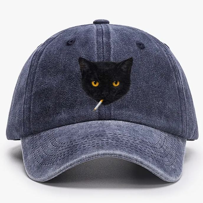 Smoking Black Cat Retro Washed Baseball Cap