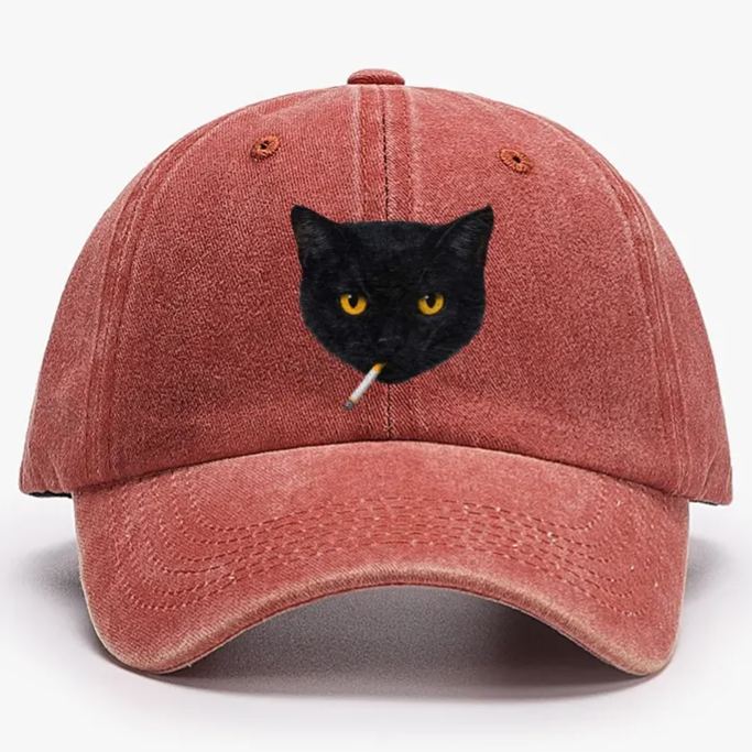 Smoking Black Cat Retro Washed Baseball Cap
