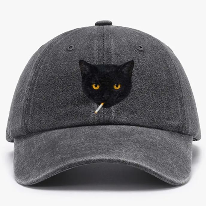 Smoking Black Cat Retro Washed Baseball Cap