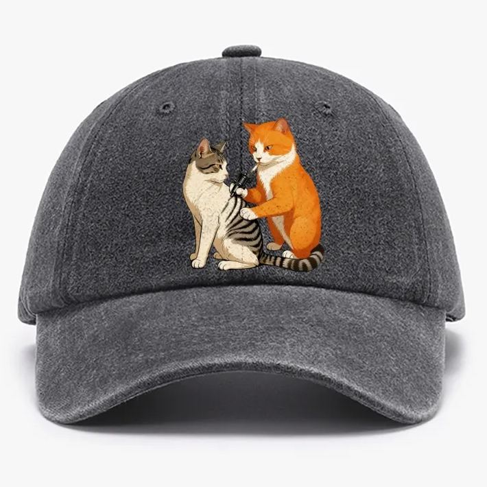 Cat in Starry Night with UFO Meme Retro Washed Baseball Cap