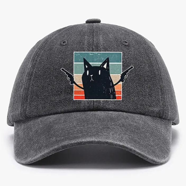 "Pew Pew Madafakas" Black Cat Retro Washed Baseball Cap