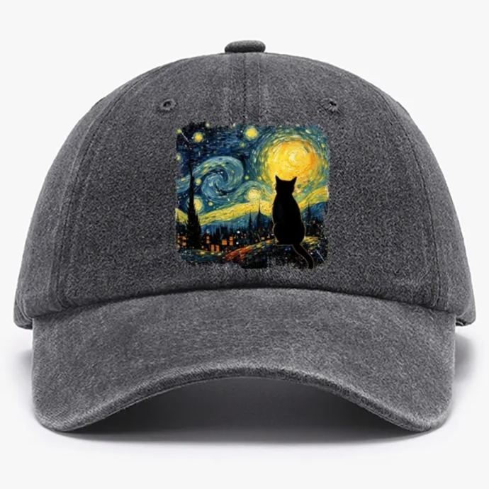 Van Gogh Starry Night Cat Retro Washed Baseball Cap