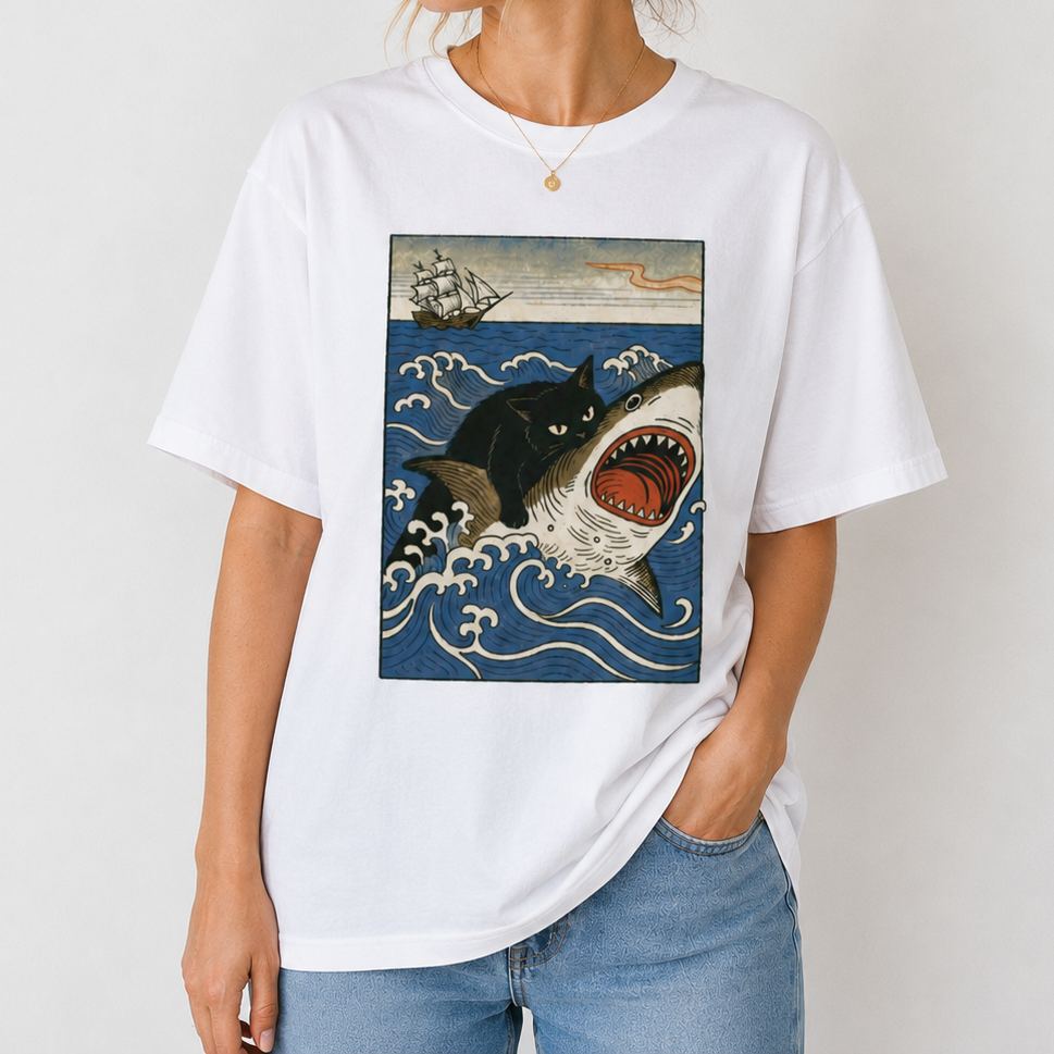 Ukiyo-e Cat Riding Shark Retro Designed for Women - Slim Fit Cotton Tee