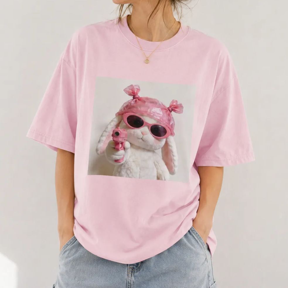 Pink Gun Gangsta Bunny Meme Retro Designed for Women - Slim Fit Cotton Tee