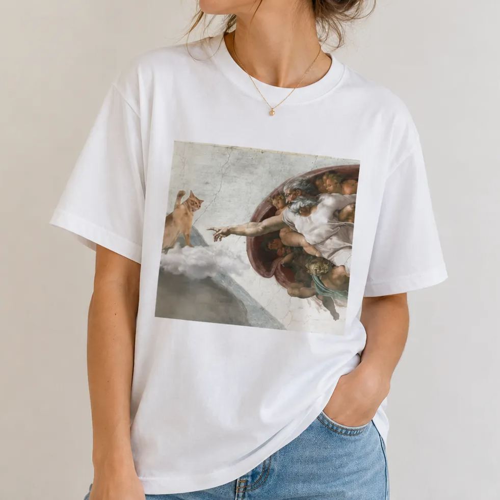 Cat Parody of "The Creation of Adam" Art Retro Designed for Women - Slim Fit Cotton Tee