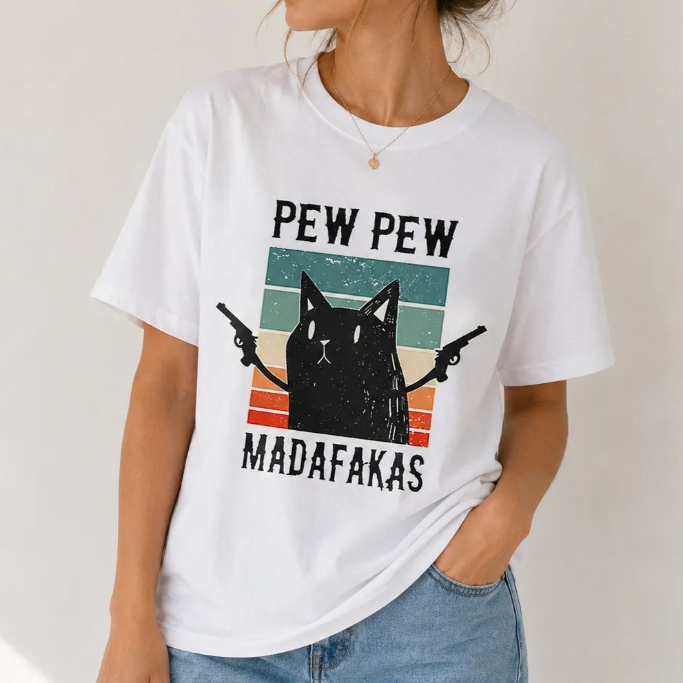 "Pew Pew Madafakas" Black Cat Retro Designed for Women - Slim Fit Cotton Tee