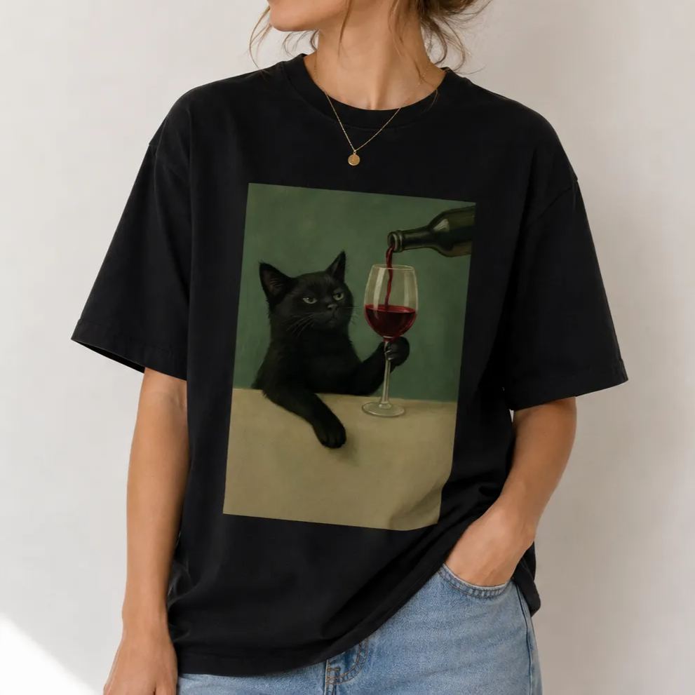 Black Cat with Wine Retro Designed for Women - Slim Fit Cotton Tee