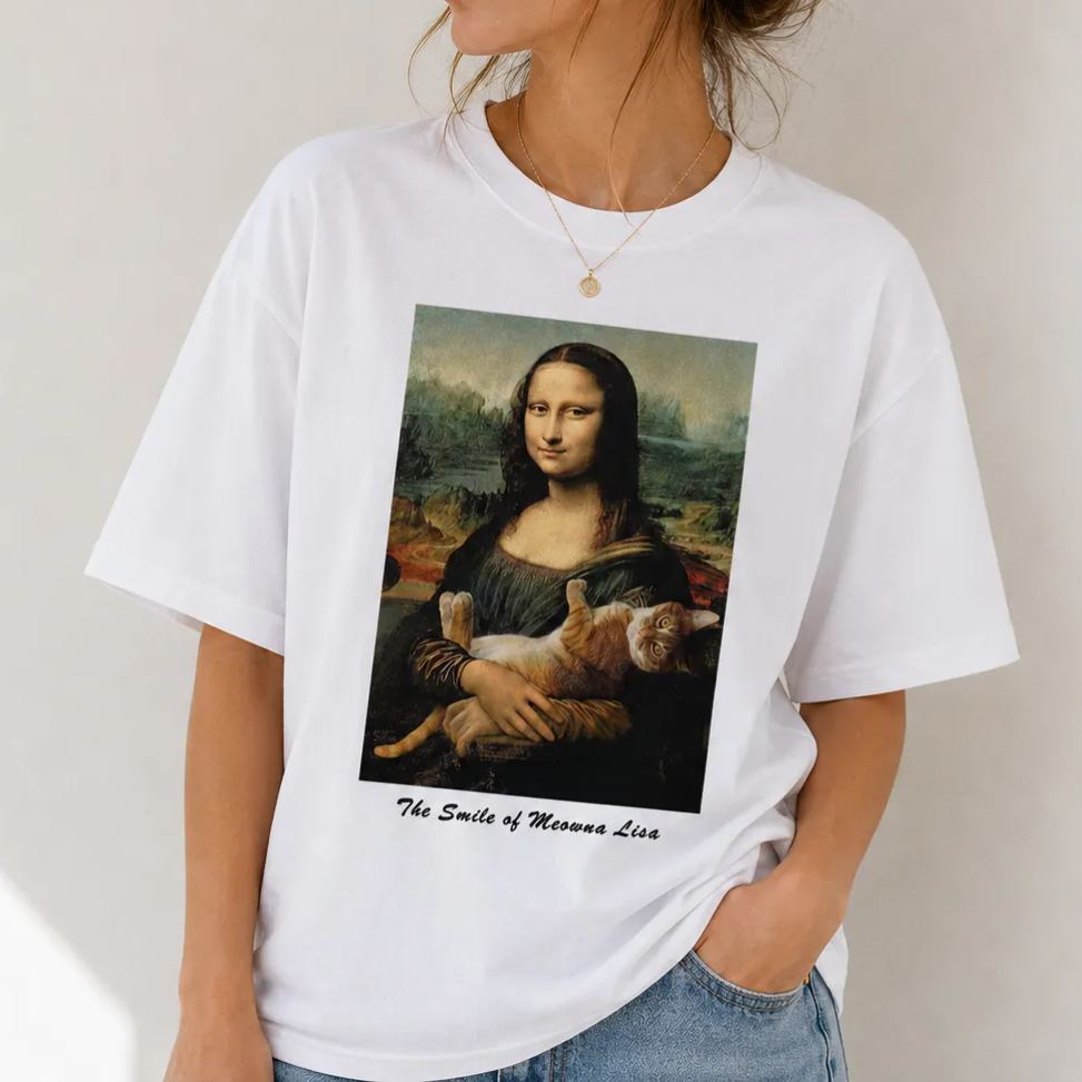 Meowna Lisa Mona Lisa Cat Parody Retro Designed for Women - Slim Fit Cotton Tee