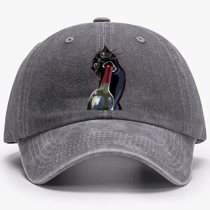 Drunk Black Cat Retro Washed Baseball Cap