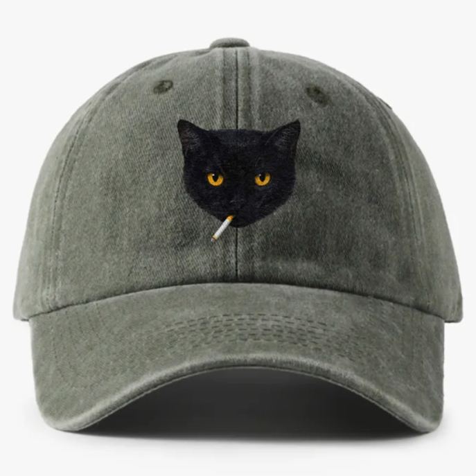 Smoking Black Cat Retro Washed Baseball Cap