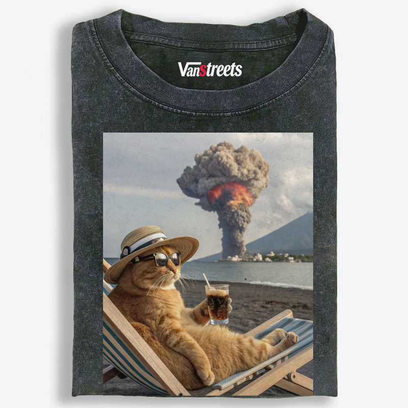 Volcano Coffee Cat "Me vs My Life" Meme Retro Washed T-Shirt | 100% Cotton | Streetwear Essential