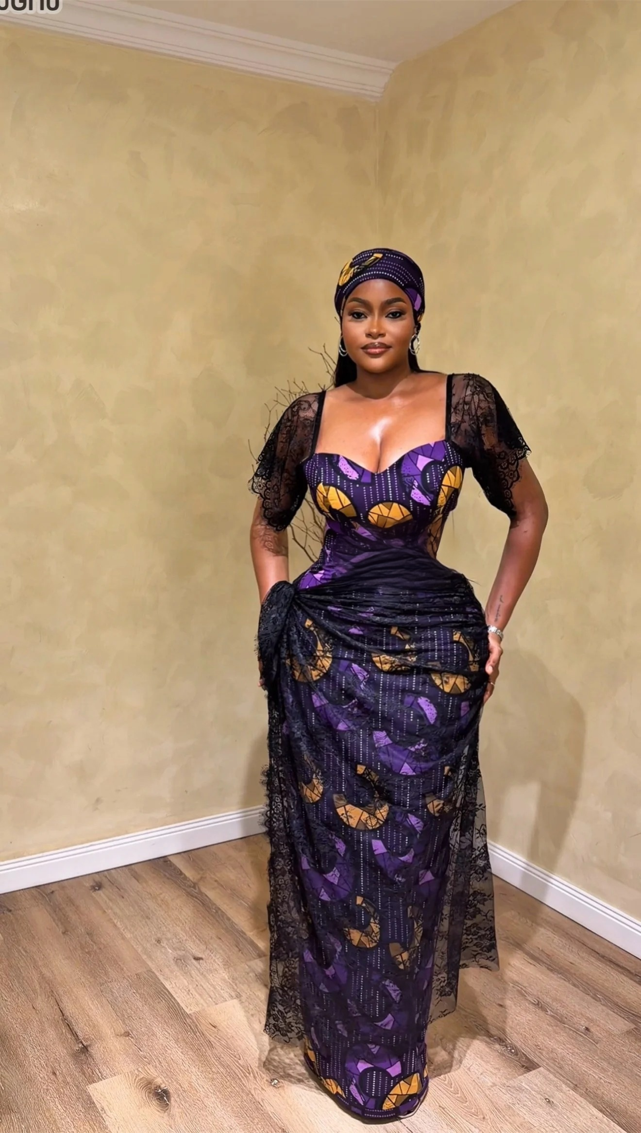 Ethnic Ankara Print Sweetheart Neck Lace Sleeve Maxi Dress