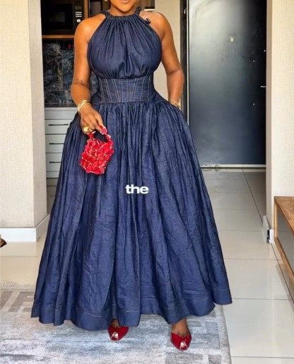 Sleeveless High-neck Belted Denim Dress