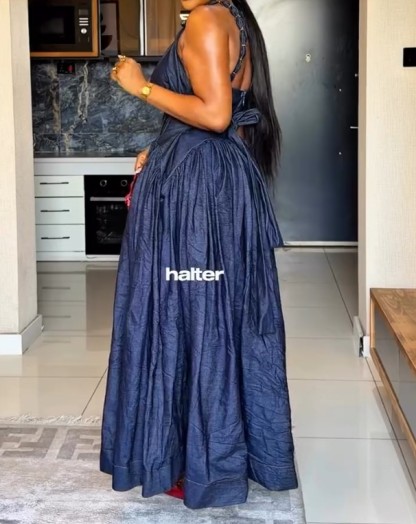 Sleeveless High-neck Belted Denim Dress