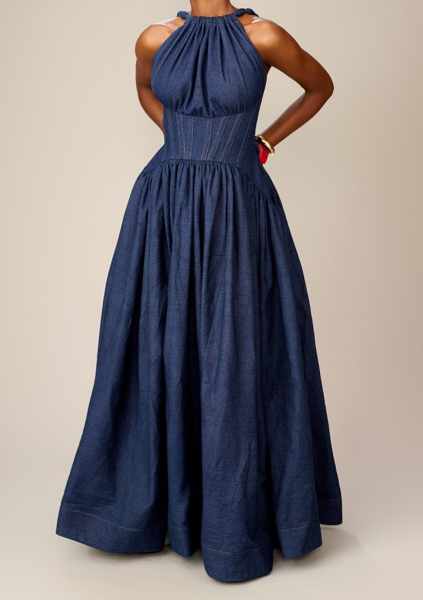 Sleeveless High-neck Belted Denim Dress