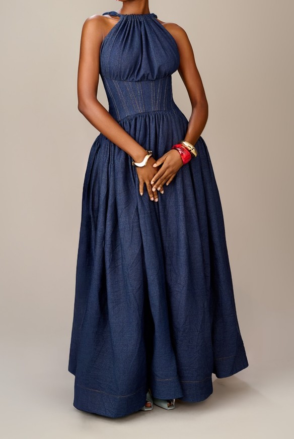 Sleeveless High-neck Belted Denim Dress