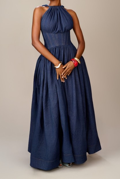 Sleeveless High-neck Belted Denim Dress