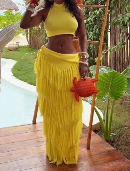 High-Neck Strapless Top + Fringed Skirt Knit Two-Piece Set