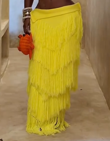 High-Neck Strapless Top + Fringed Skirt Knit Two-Piece Set