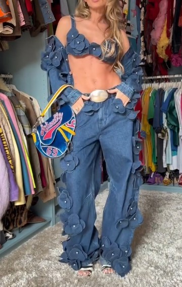 3D Flower Denim Suit - Bra Jeans & Jacket
