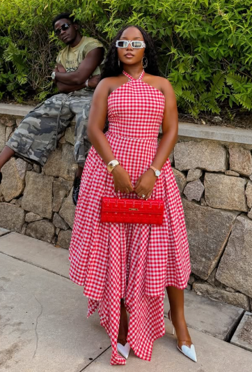 Red White Gingham Halter Neck Asymmetric Hem Midi Dress