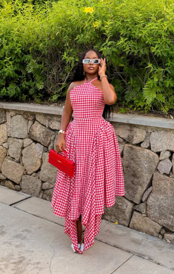 Red White Gingham Halter Neck Asymmetric Hem Midi Dress