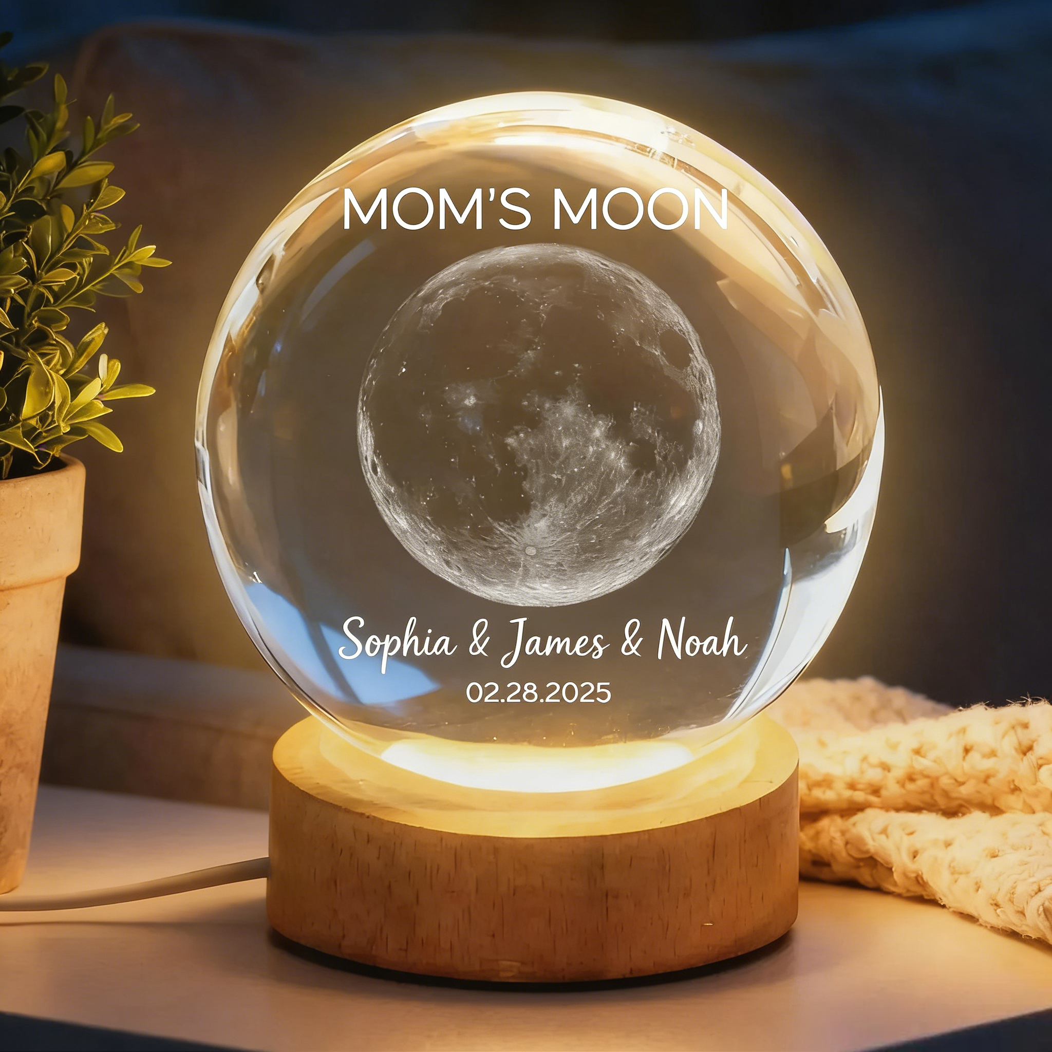 Custom Mom's Moon Phase by Date - Personalized Crystal Ball Night Light