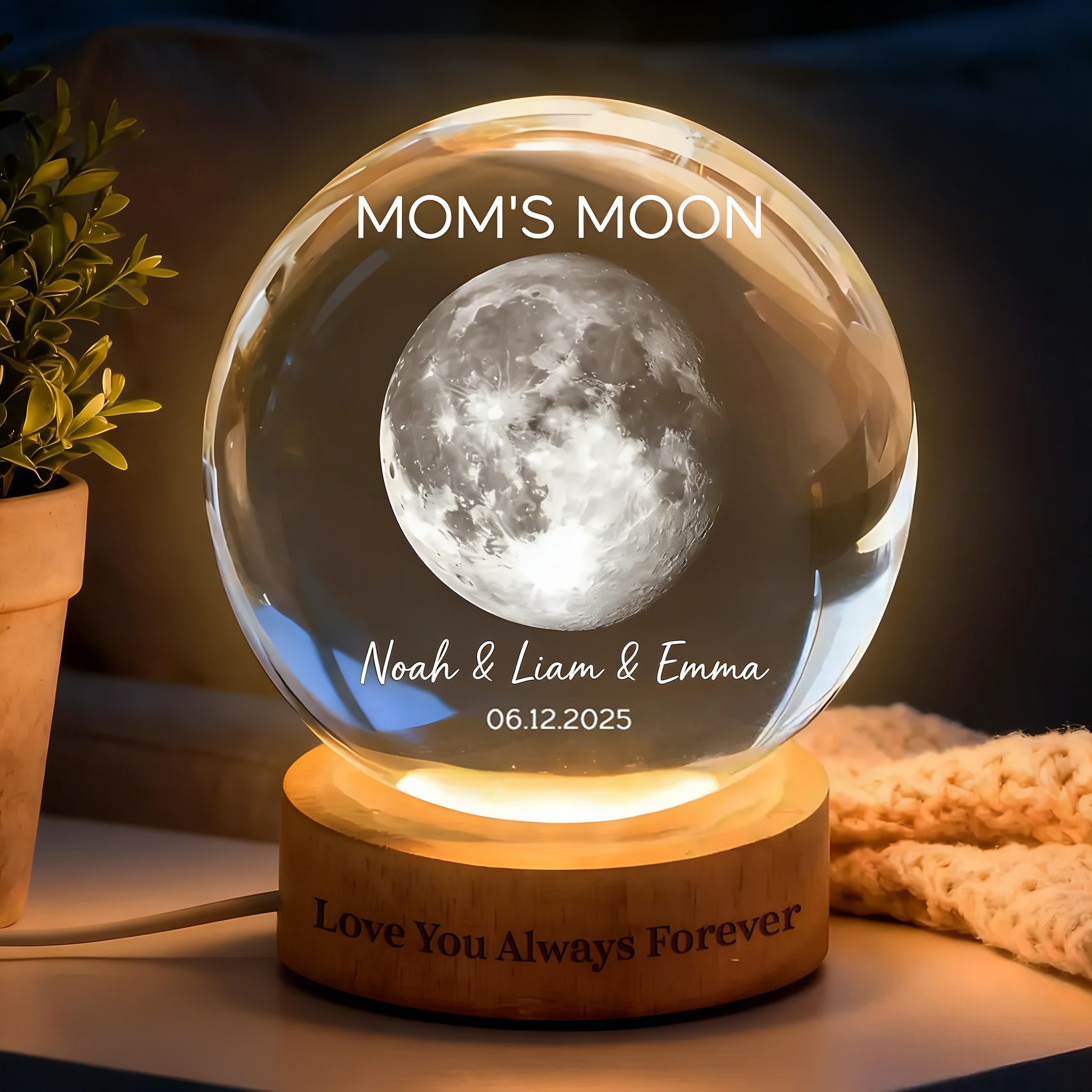 Custom Mom's Moon Phase by Date - Personalized Crystal Ball Night Light