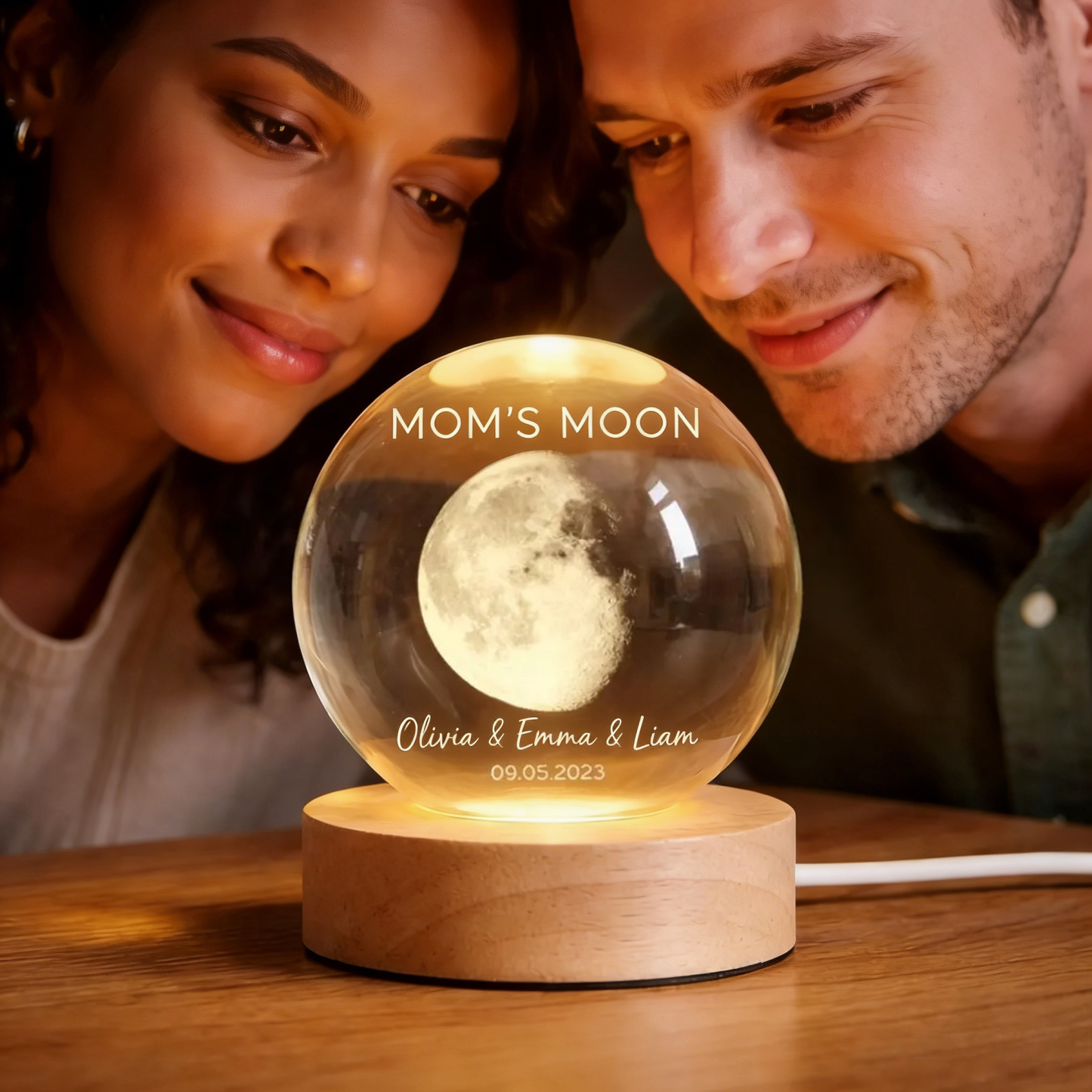 Custom Mom's Moon Phase by Date - Personalized Crystal Ball Night Light