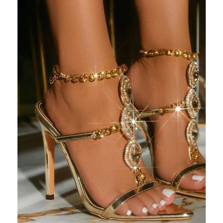 Glamorous Gold Gemstone Embellished Strappy Stiletto Heel Sandals