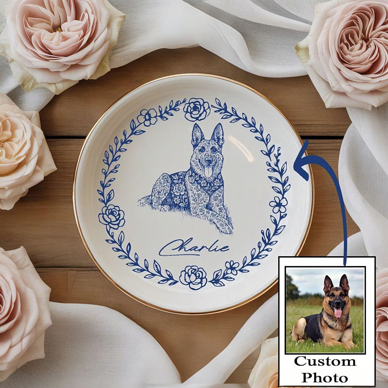 Custom Toile De Jouy Pet Ring Dish
