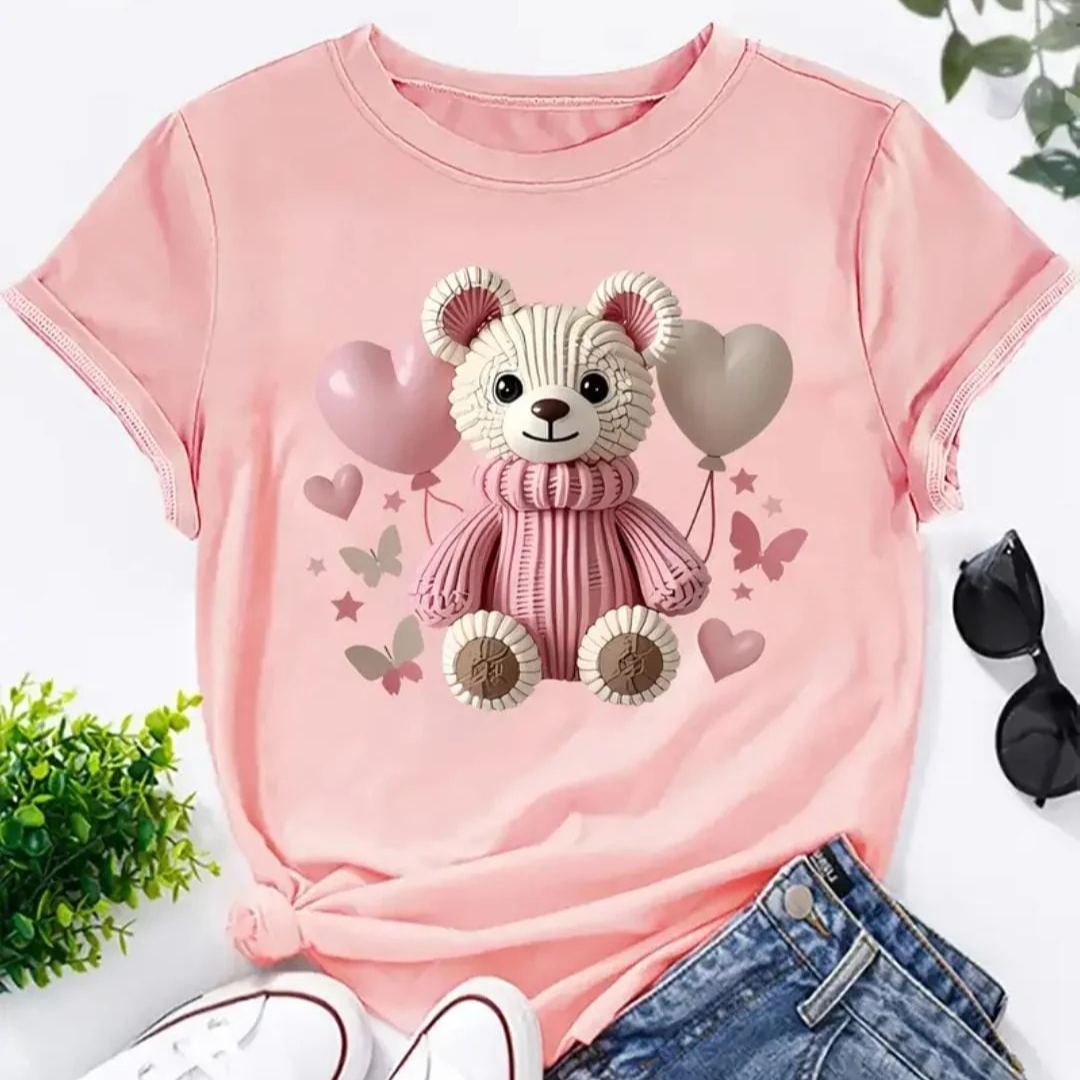 Adorable Teddy Bear & Balloon Print T-shirt