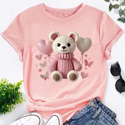 Adorable Teddy Bear & Balloon Print T-shirt