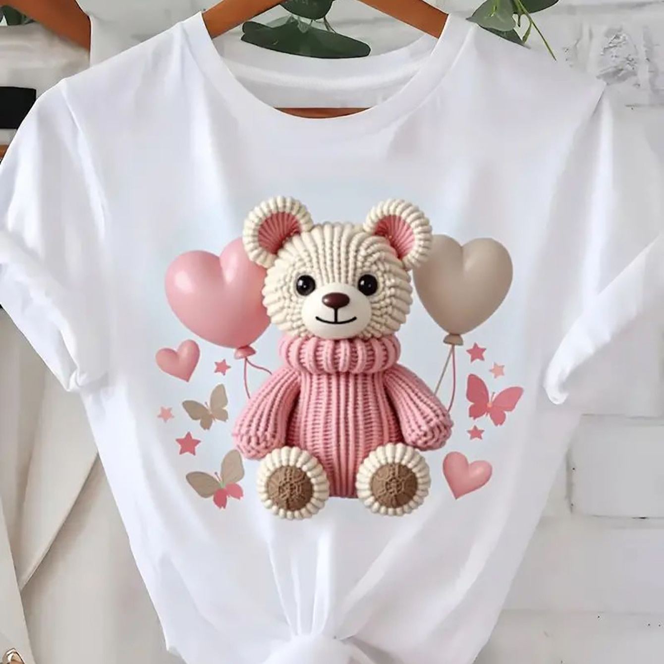 Adorable Teddy Bear & Balloon Print T-shirt