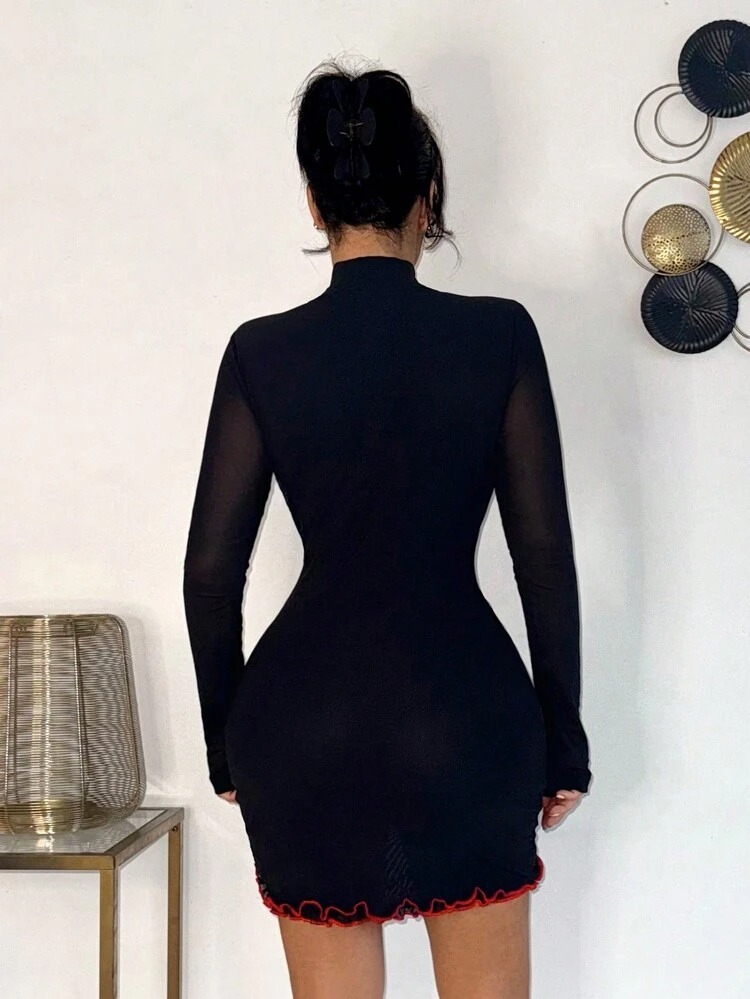 Women Mini Long Sleeve Hollow Design Casual Dress