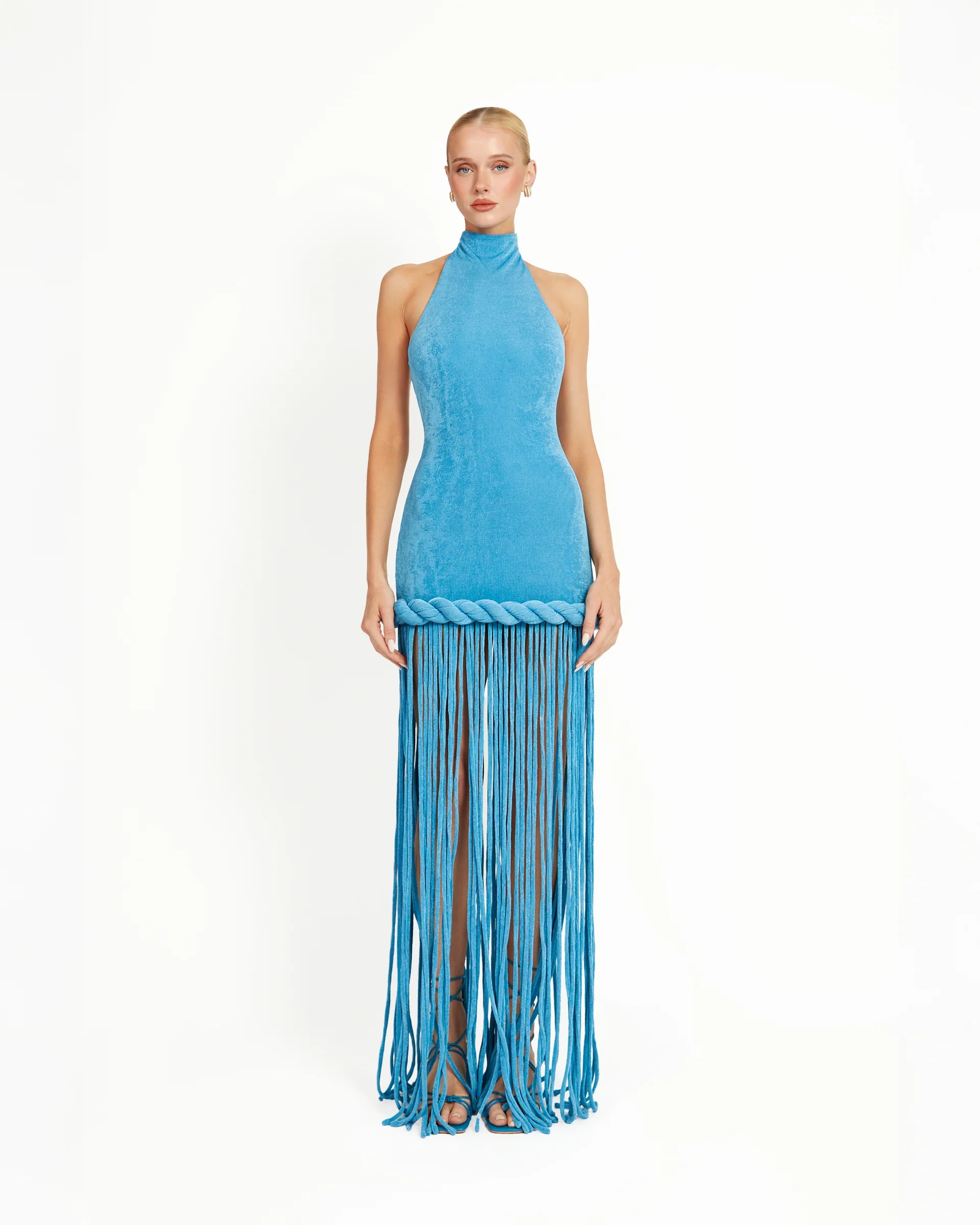 Blue Halter-Neck Long Tassel Dress