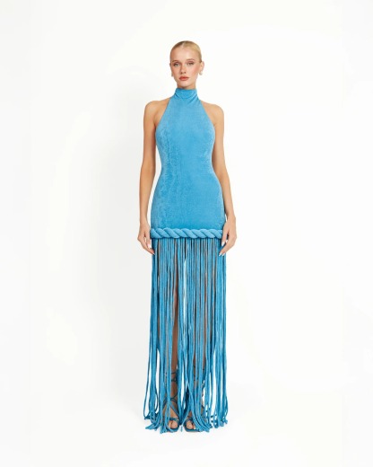 Blue Halter-Neck Long Tassel Dress