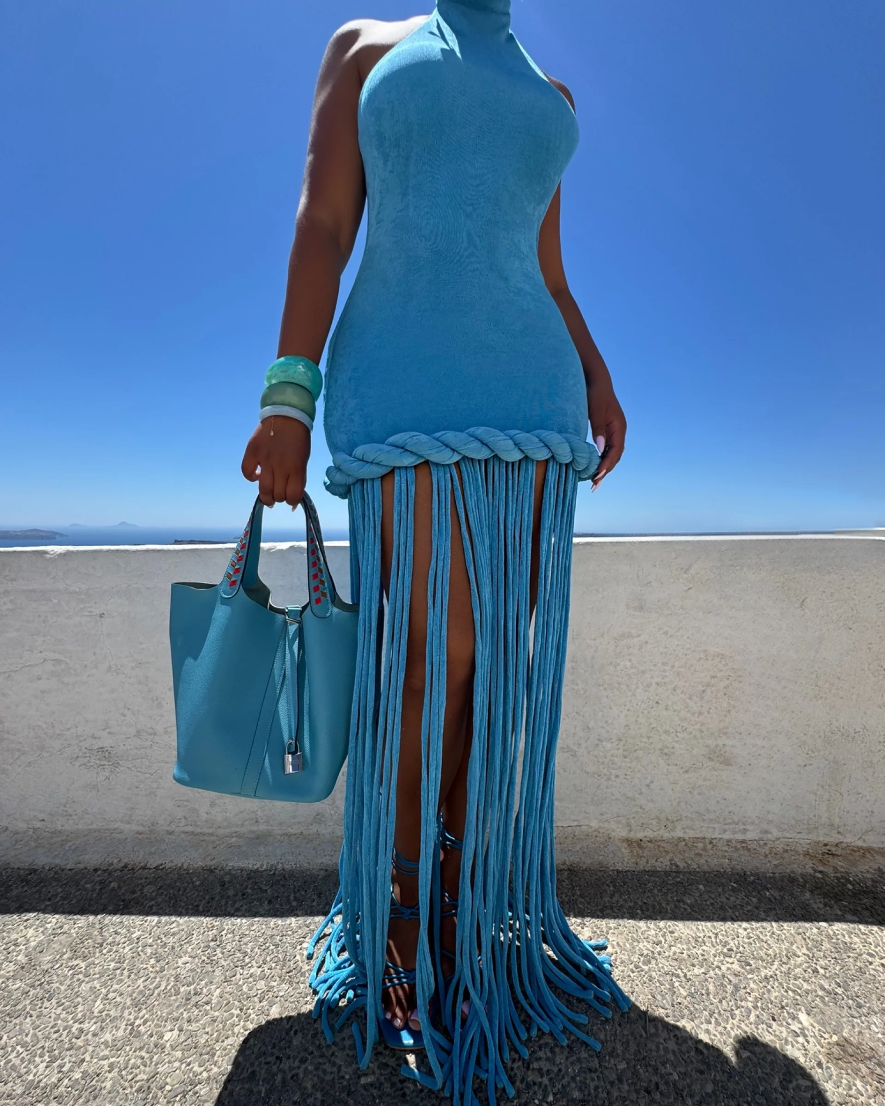 Blue Halter-Neck Long Tassel Dress