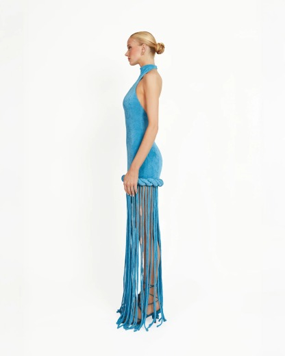 Blue Halter-Neck Long Tassel Dress