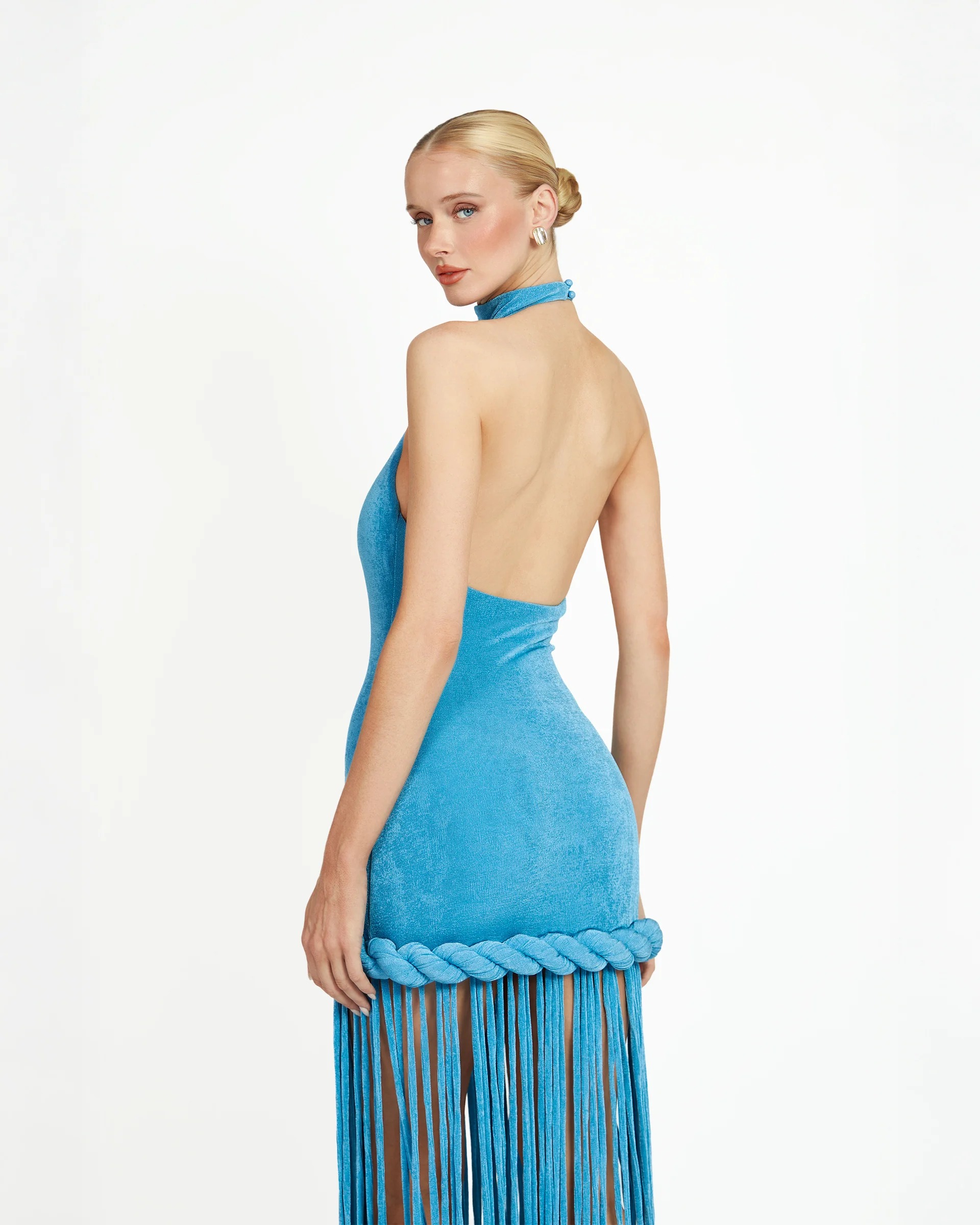 Blue Halter-Neck Long Tassel Dress