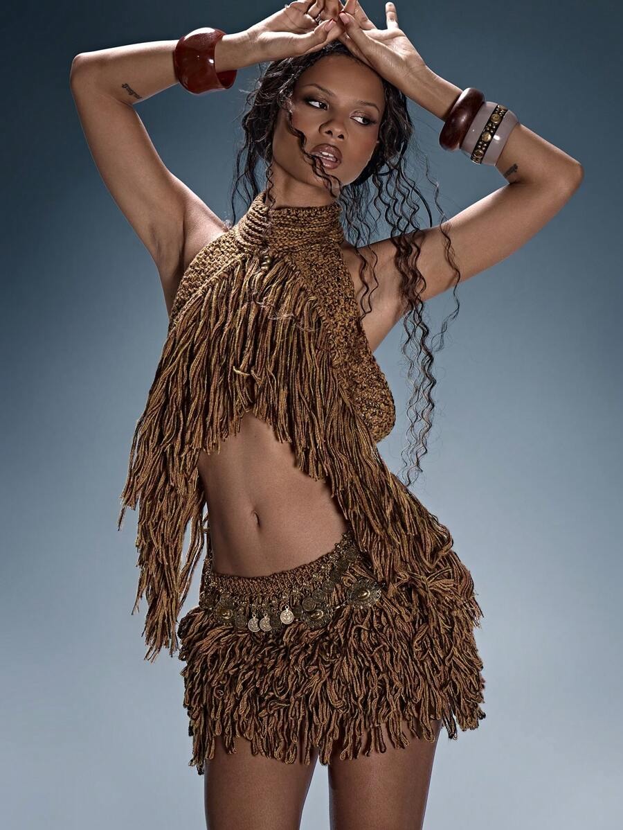 Choker Detail Fringe Knit Top & Mini Skirt Set