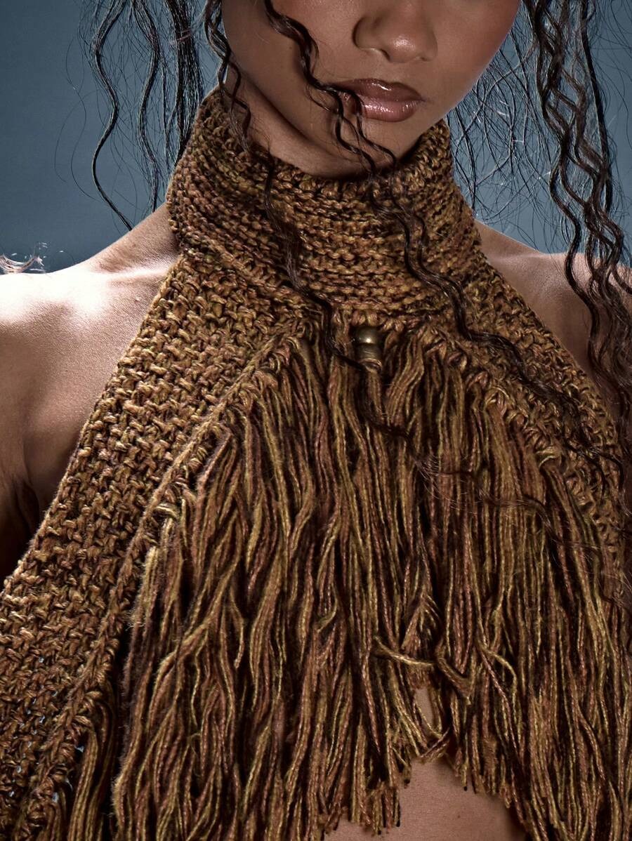 Choker Detail Fringe Knit Top & Mini Skirt Set
