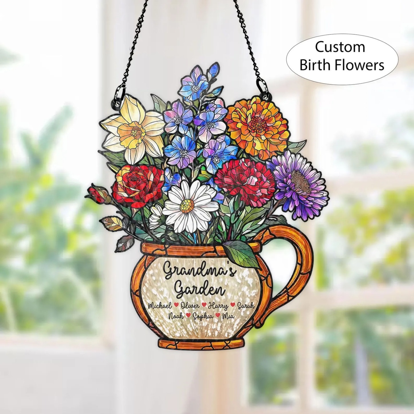 Personalized Grandma's Garden Suncatcher Birth Month Flower Stained Glass Acrylic Window Hanging