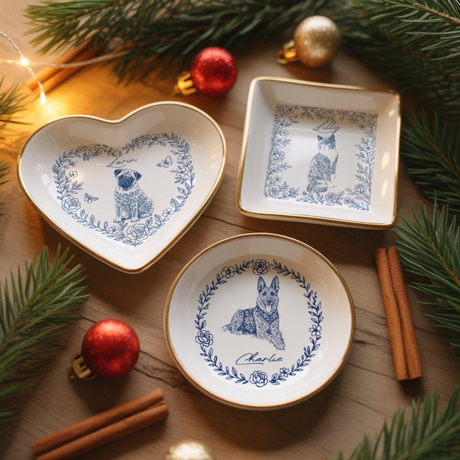 Custom Toile De Jouy Pet Ring Dish