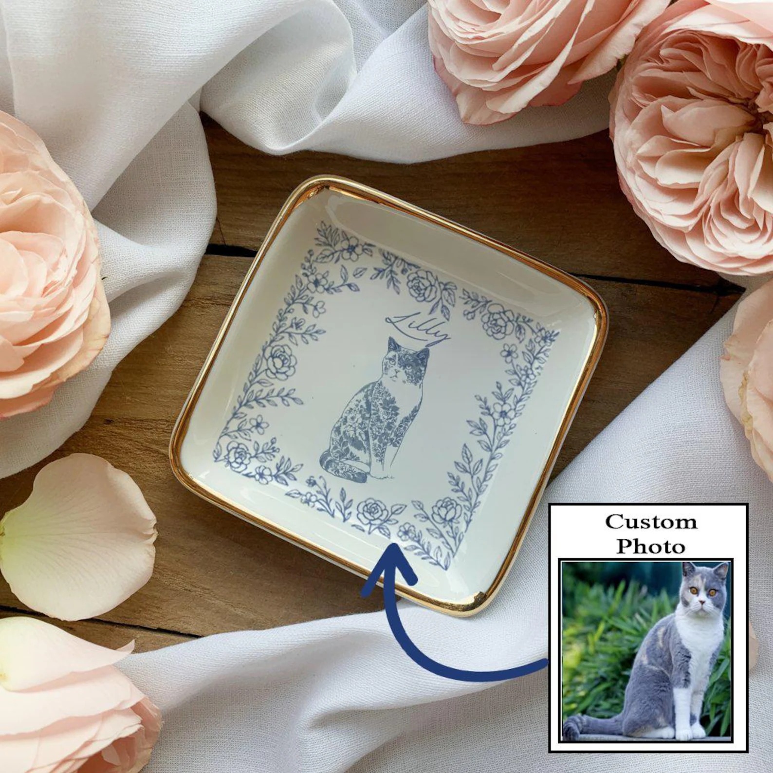 Custom Toile De Jouy Pet Ring Dish
