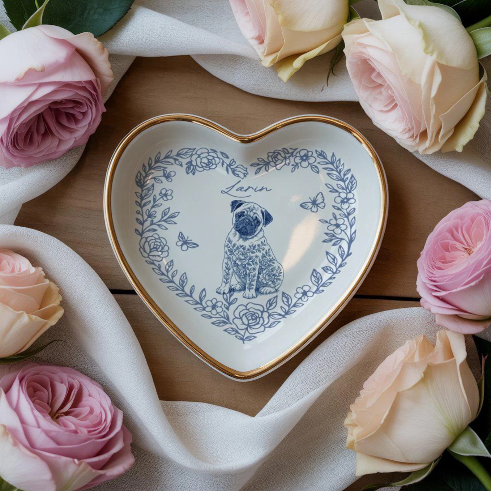 Custom Toile De Jouy Pet Ring Dish