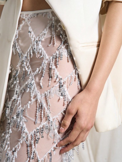 Beaded Crystal Net Overlay Rhinestone Lattice Skirt